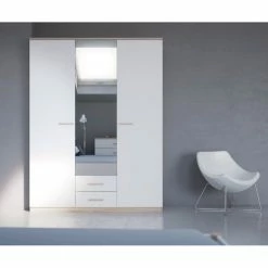 Demeyere Armoire 3 Portes Coloris Blanc Et Naturel Lena -Ledepot Mobilier Magasin armoire 3 portes coloris blanc et naturel lena 2