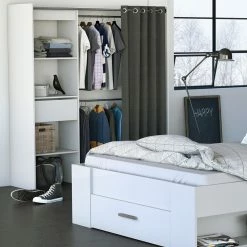 Demeyere Dressing Extensible Blanc Perle Avec Rideau Taupe -Ledepot Mobilier Magasin armoire placard extensible avec rideau blanc perle 2