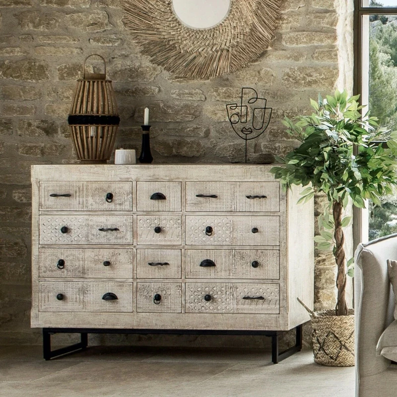 Commode 12 Tiroirs Ajay Manguier Sculpté Atmosphera 4 Commode 12 Tiroirs Ajay Manguier Sculpté Atmosphera – Image 2