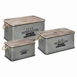 Lot De 3 Malles Métal Gris Plateau Bois Atmosphera